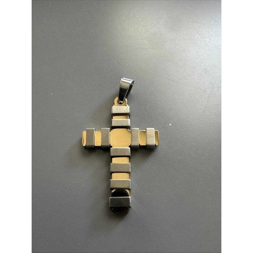 Modern Industrial Cross Pendant Gold/Silver Tone Stainless Steel 24 Inch Chain